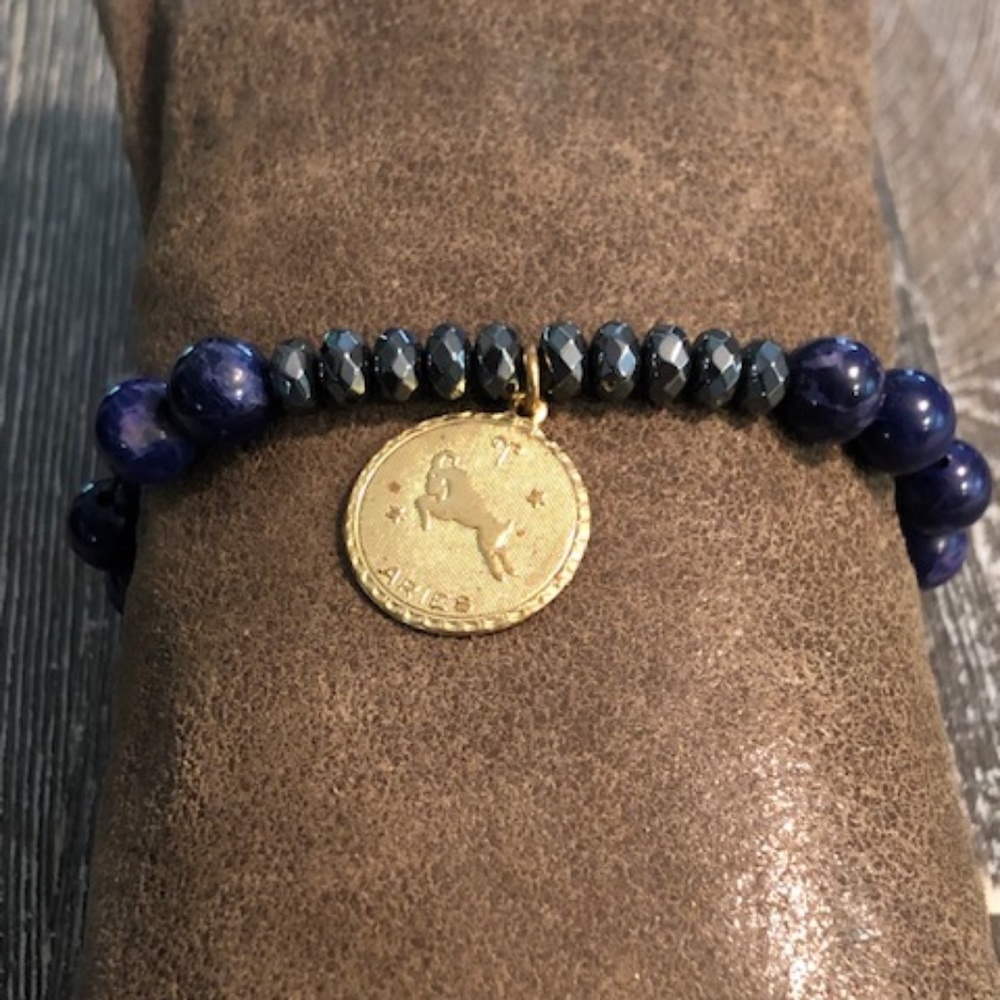 Navy Blue/Gunmetal Zodiac Stretch Charm Bracelet - Aries Sign